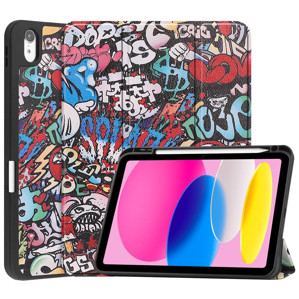 For iPad (2025) / 10.9 (2022) Tablet Case Pattern Printing Tri-Fold Stand Leather + TPU Cover with Pen Holder - Graffiti