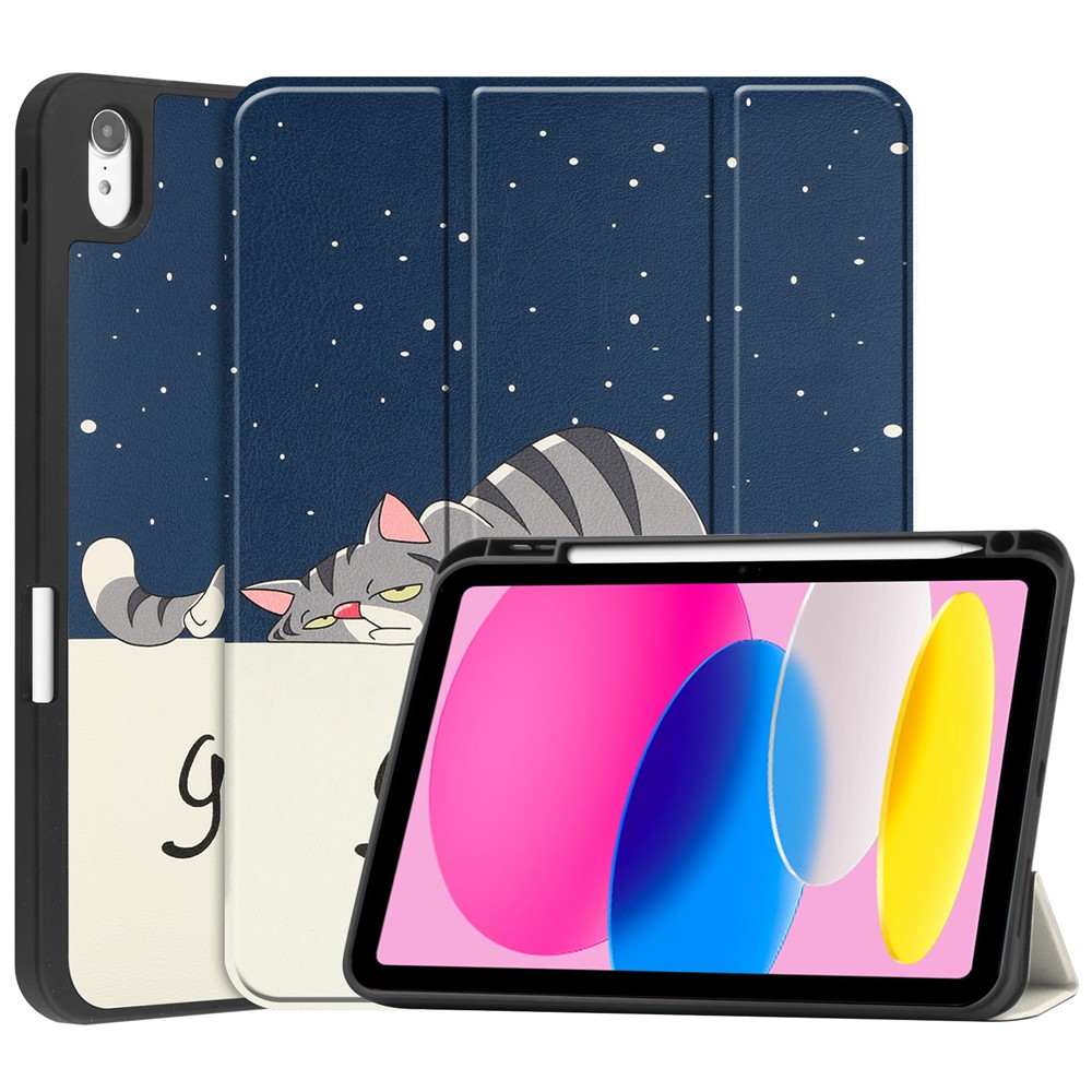 For iPad (2025) / 10.9 (2022) Tablet Case Pattern Printing Tri-Fold Stand Leather + TPU Cover with Pen Holder - Cat