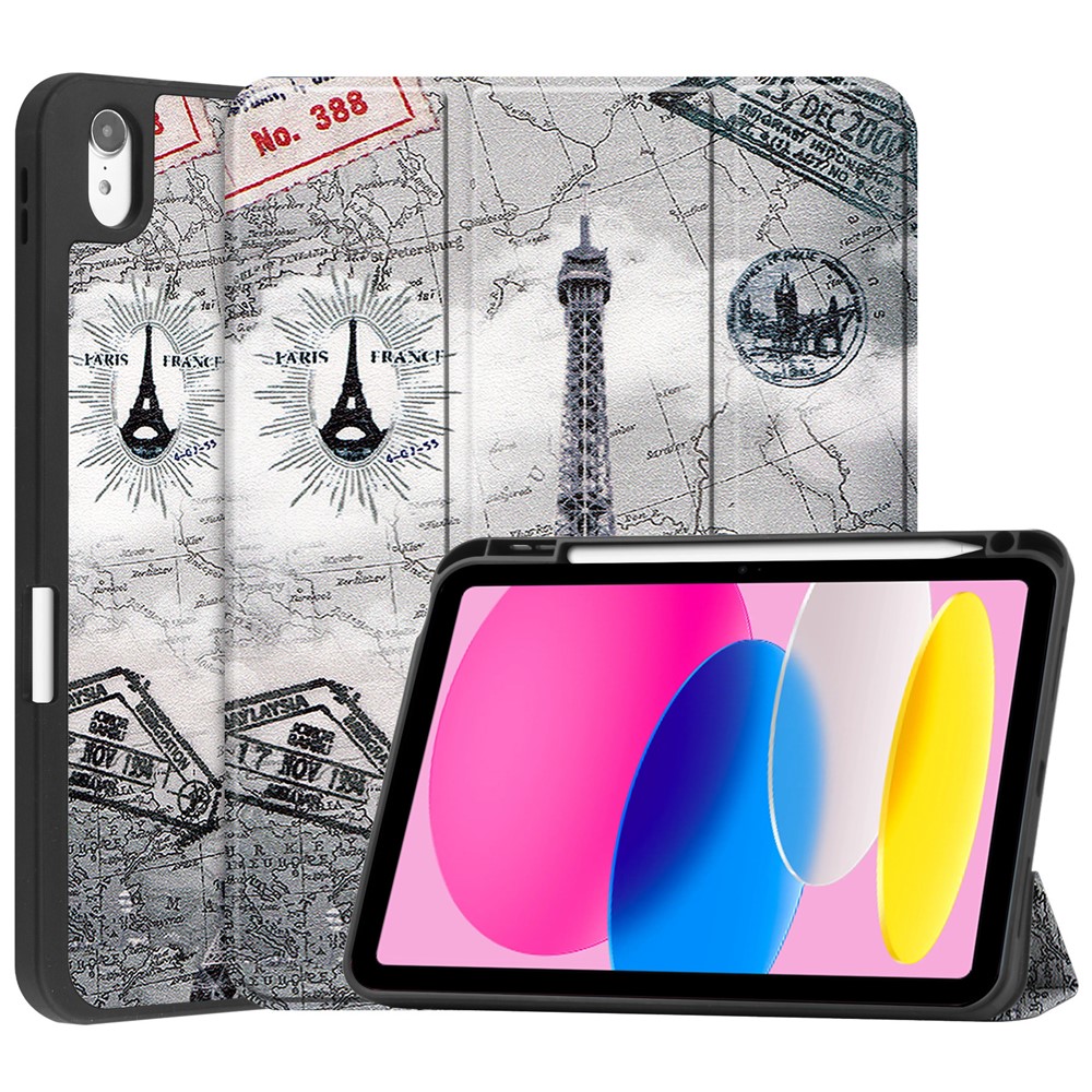 For iPad (2025) / 10.9 (2022) Tablet Case Pattern Printing Tri-Fold Stand Leather + TPU Cover with Pen Holder - Vintage Tower