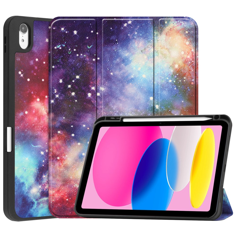 For iPad (2025) / 10.9 (2022) Tablet Case Pattern Printing Tri-Fold Stand Leather + TPU Cover with Pen Holder - Galaxy