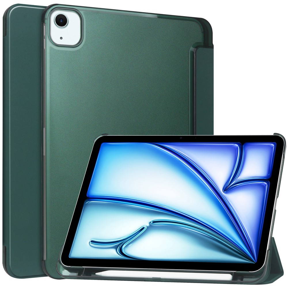 For iPad Air 11 (2025) / (2024) Case PU Leather Smart Tablet Cover Smooth Matte Back, Built-In Pencil Holder - Blackish Green