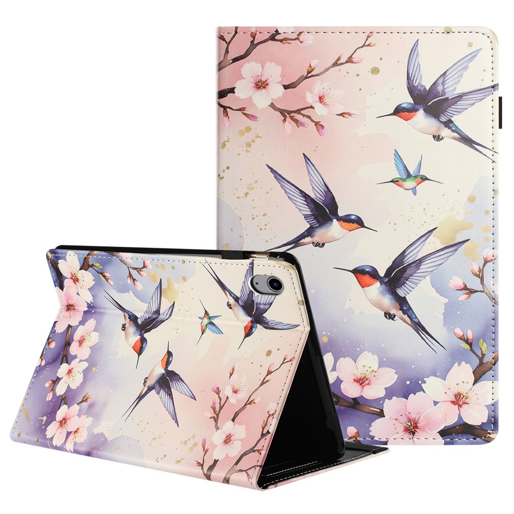 For iPad 10.9 (2022) Tablet Case Litchi Texture Pattern Printing Leather Cover Auto Sleep  /  Wake with Card Holder - Plum Swallow