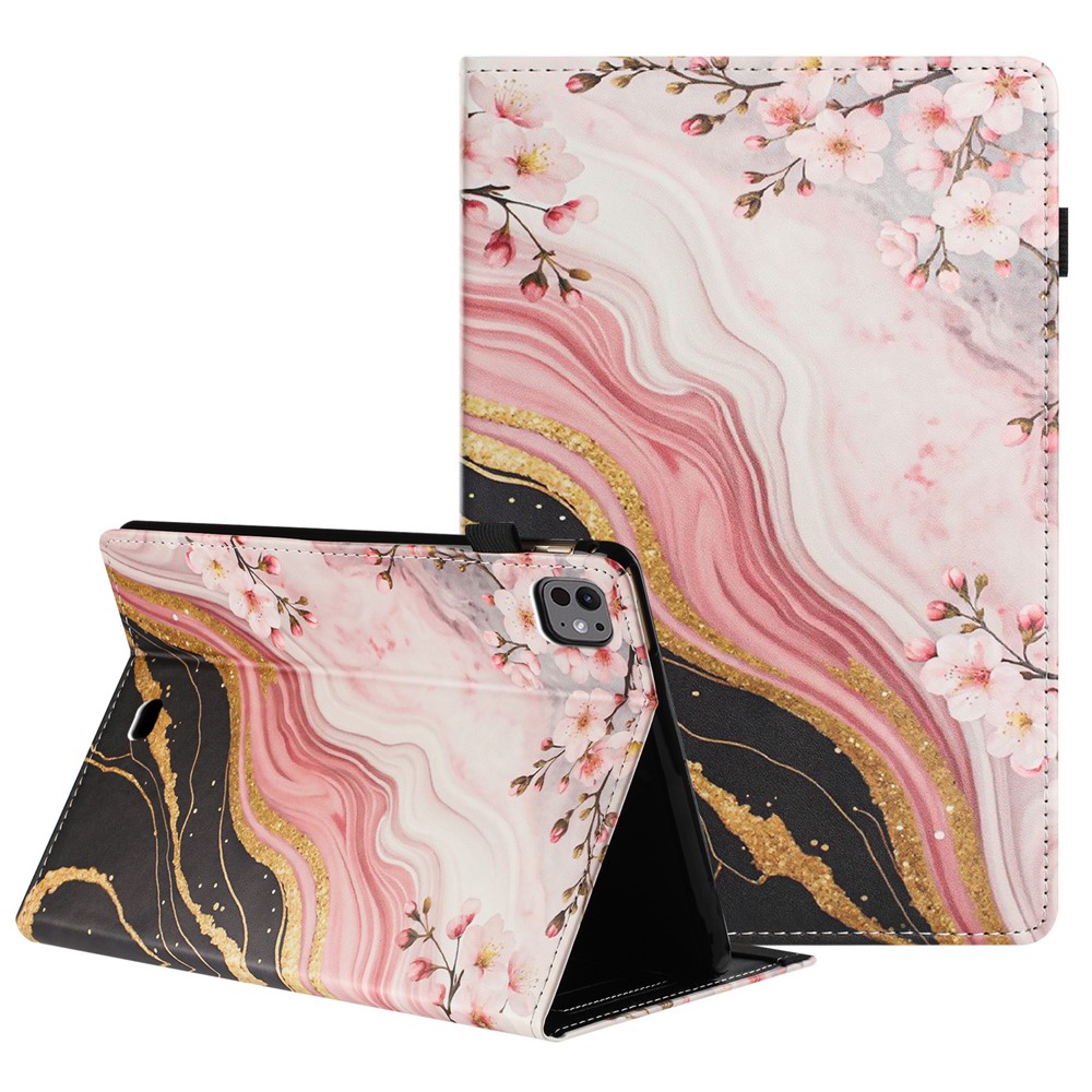 For iPad Pro 11 (2025) / 11 (2024) Tablet Case Litchi Texture Pattern Printing Leather Cover Auto Sleep  /  Wake with Card Holder - Marble Flower
