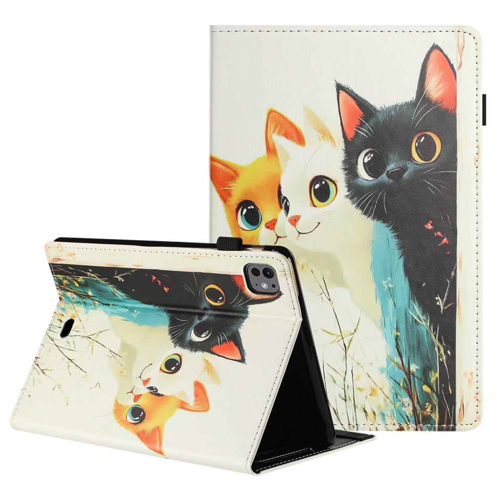 For iPad Pro 11 (2025) / 11 (2024) Tablet Case Litchi Texture Pattern Printing Leather Cover Auto Sleep  /  Wake with Card Holder - Three Cats
