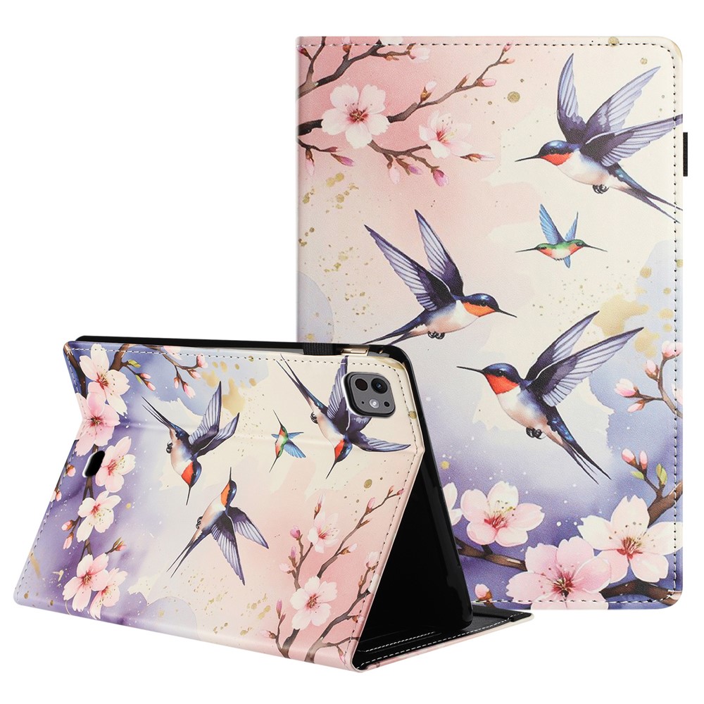 For iPad Pro 11 (2025) / 11 (2024) Tablet Case Litchi Texture Pattern Printing Leather Cover Auto Sleep  /  Wake with Card Holder - Plum Swallow