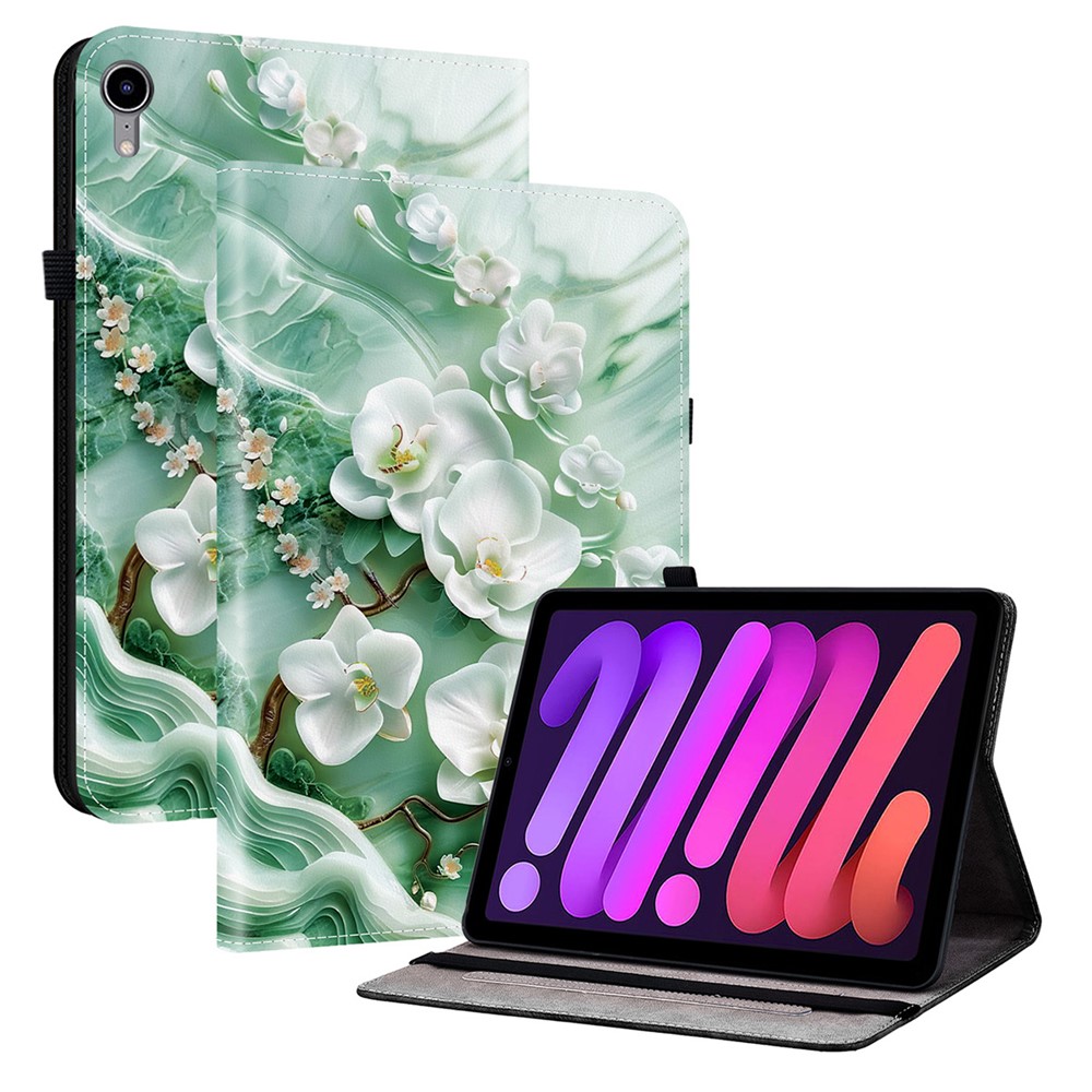 For iPad mini (2024)  /  (2021) Leather Case Pattern Printed Stand Tablet Cover with Card Slots - Jade Flower