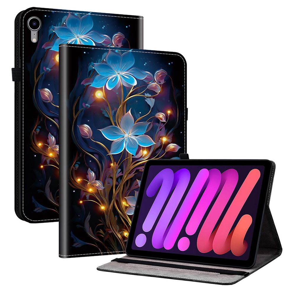 For iPad mini (2024)  /  (2021) Leather Case Pattern Printed Stand Tablet Cover with Card Slots - Small Lantern Flower