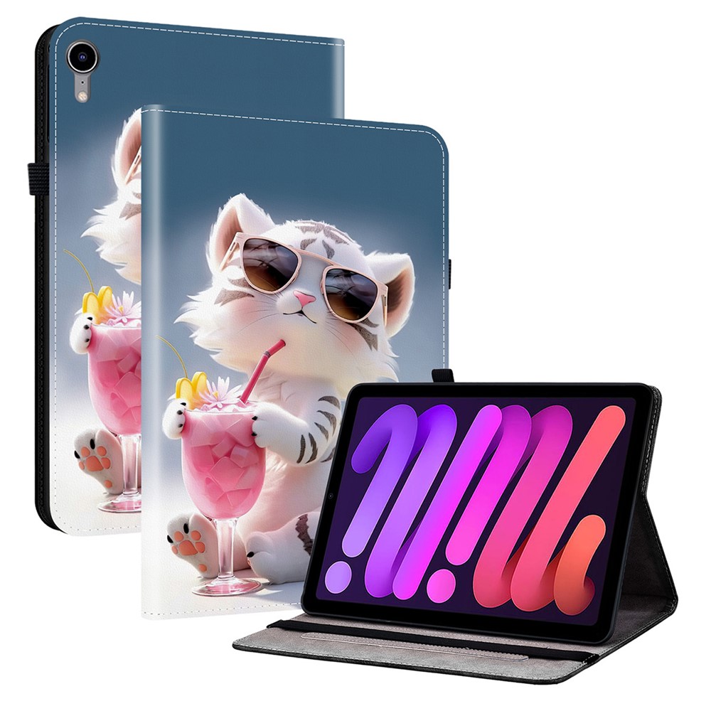 For iPad mini (2024)  /  (2021) Leather Case Pattern Printed Stand Tablet Cover with Card Slots - Cartoon Tiger