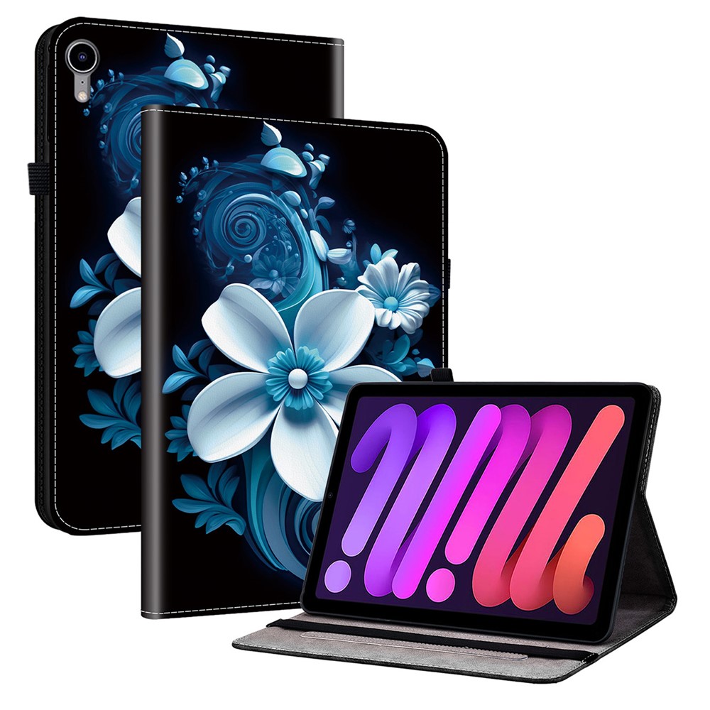 For iPad mini (2024)  /  (2021) Leather Case Pattern Printed Stand Tablet Cover with Card Slots - Black Orchid