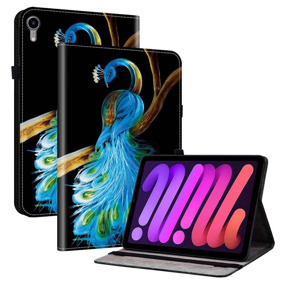 For iPad mini (2024)  /  (2021) Leather Case Pattern Printed Stand Tablet Cover with Card Slots - Peacock