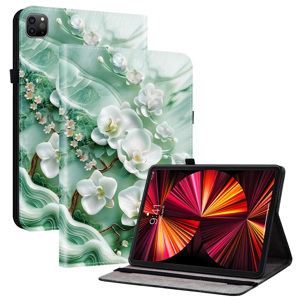 Leather Case For iPad Air 11 (2025)  /  (2024)  /  Air (2022)  /  (2020)  /  Pro 11 (2022) Pattern Printed Tablet Cover with Card Slots - Jade Flower
