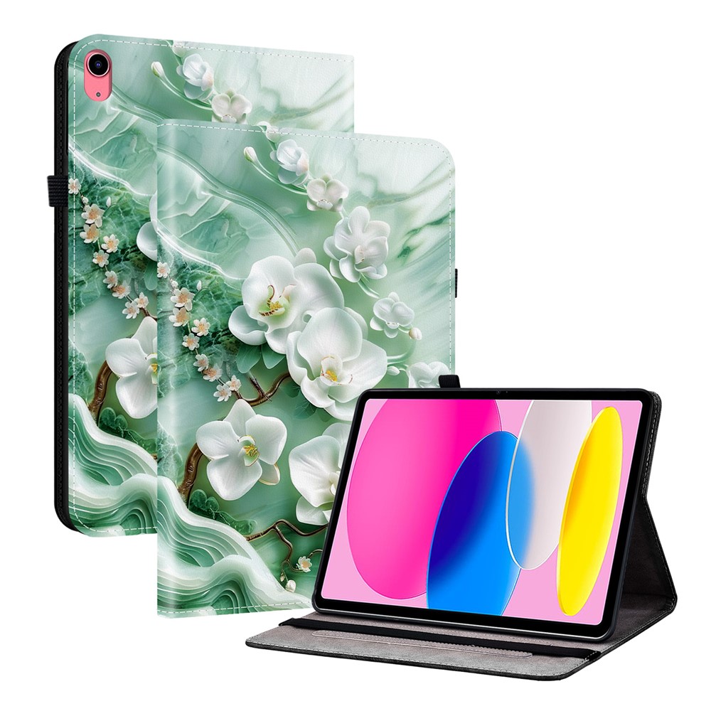 For iPad (2025)  /  10.9 (2022) Leather Case Pattern Printed Stand Tablet Cover with Card Slots - Jade Flower