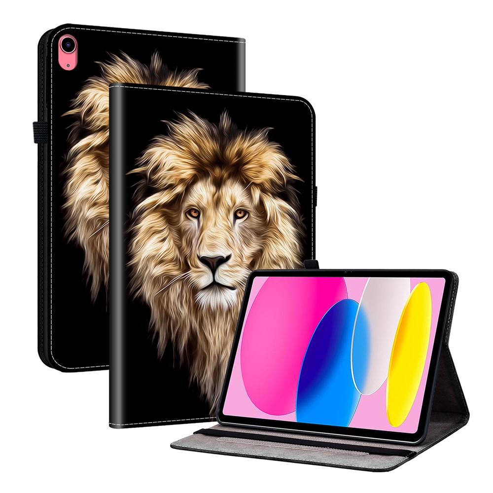 For iPad (2025)  /  10.9 (2022) Leather Case Pattern Printed Stand Tablet Cover with Card Slots - Lion Head
