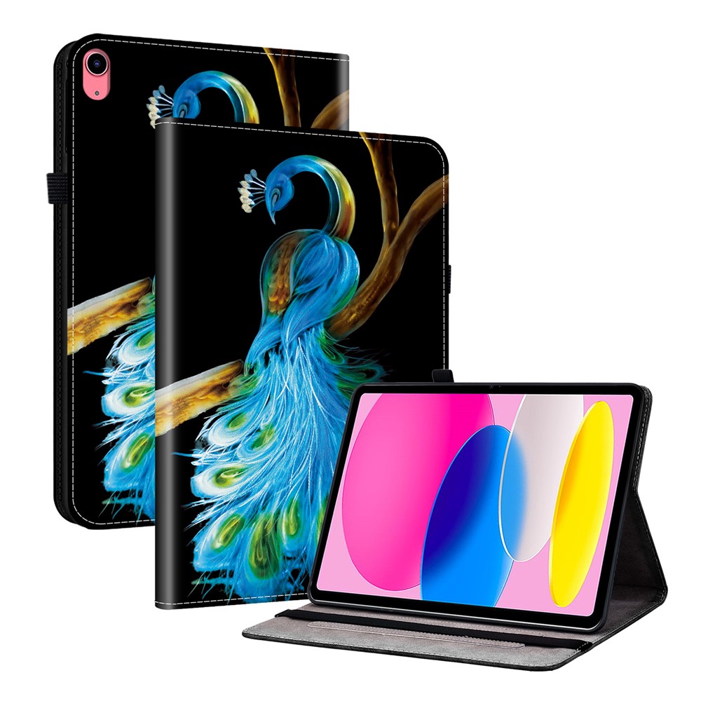 For iPad (2025) / 10.9 (2022) Leather Case Pattern Printed Stand Tablet Cover with Card Slots - Peacock