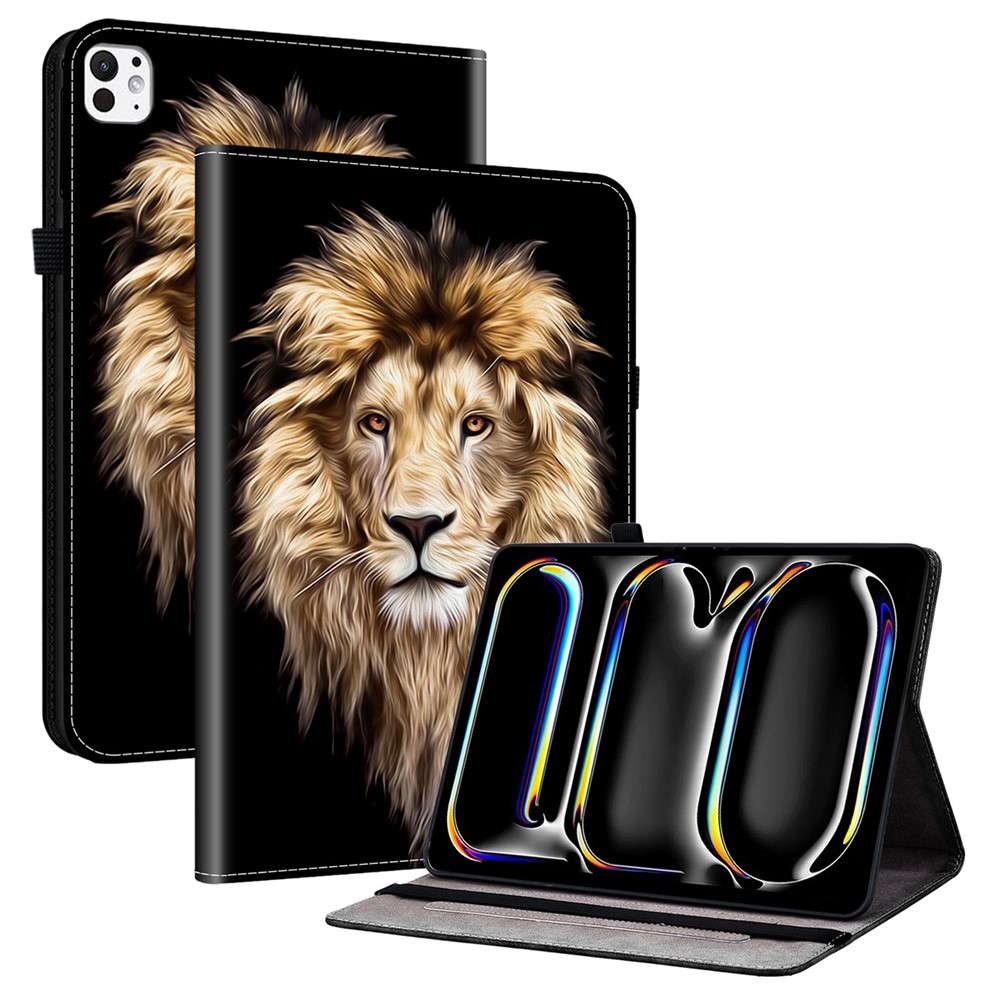 For iPad Pro 11 (2025) / 11 (2024) Leather Case Pattern Printed Stand Tablet Cover with Card Slots - Lion Head