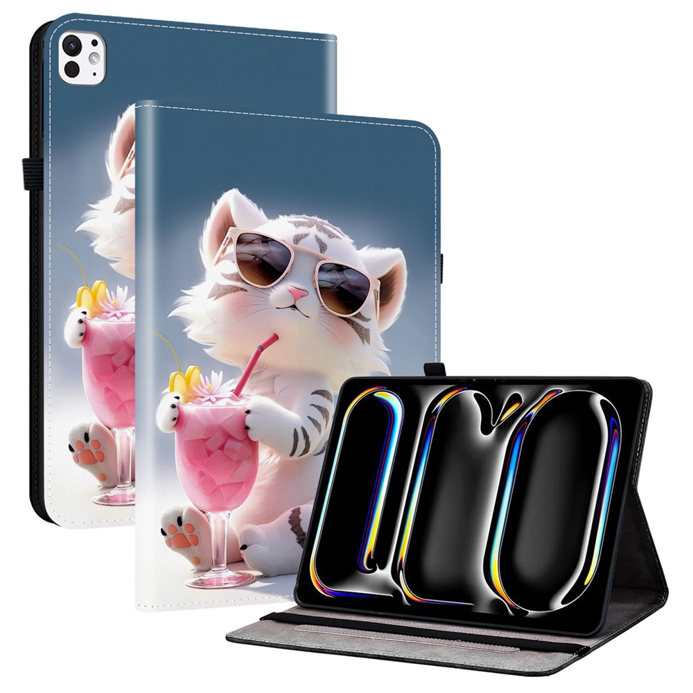 For iPad Pro 11 (2025) / 11 (2024) Leather Case Pattern Printed Stand Tablet Cover with Card Slots - Cartoon Tiger
