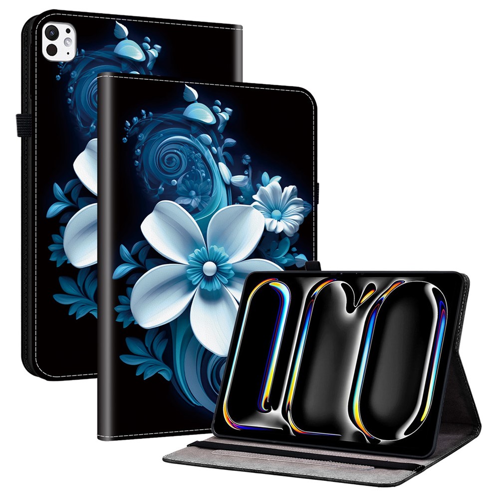 For iPad Pro 11 (2025) / 11 (2024) Leather Case Pattern Printed Stand Tablet Cover with Card Slots - Black Orchid