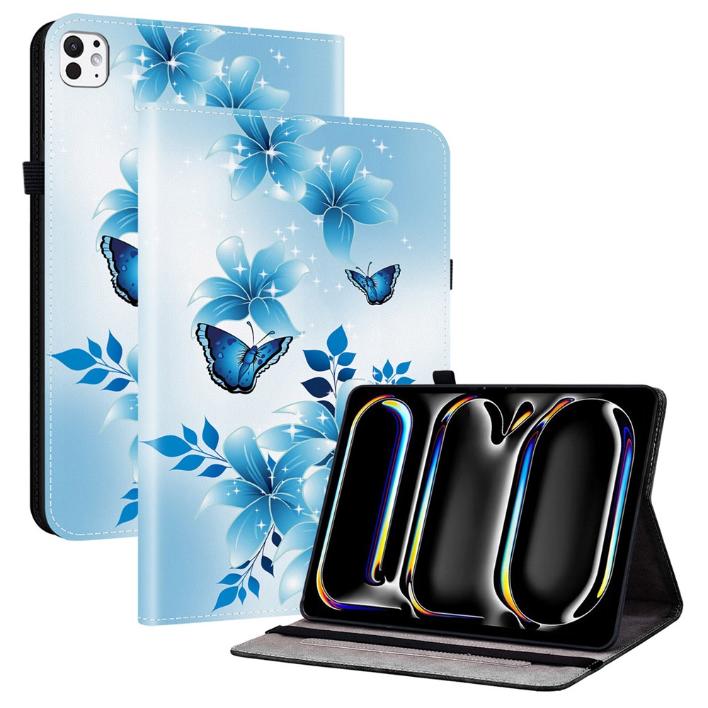 For iPad Pro 11 (2025) / 11 (2024) Leather Case Pattern Printed Stand Tablet Cover with Card Slots - Blue Butterfly