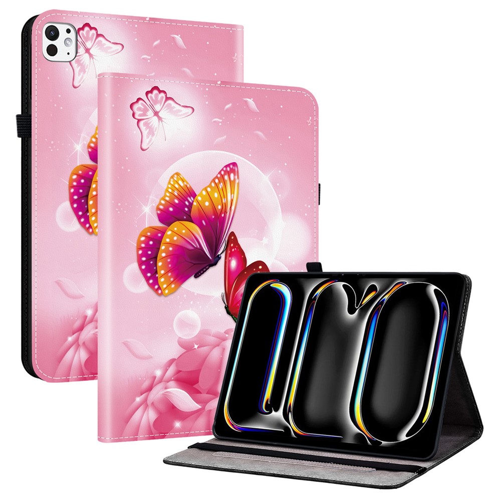 For iPad Pro 13 (2025) / 13 (2024) Leather Case Pattern Printed Stand Tablet Cover with Card Slots - Pink Butterfly