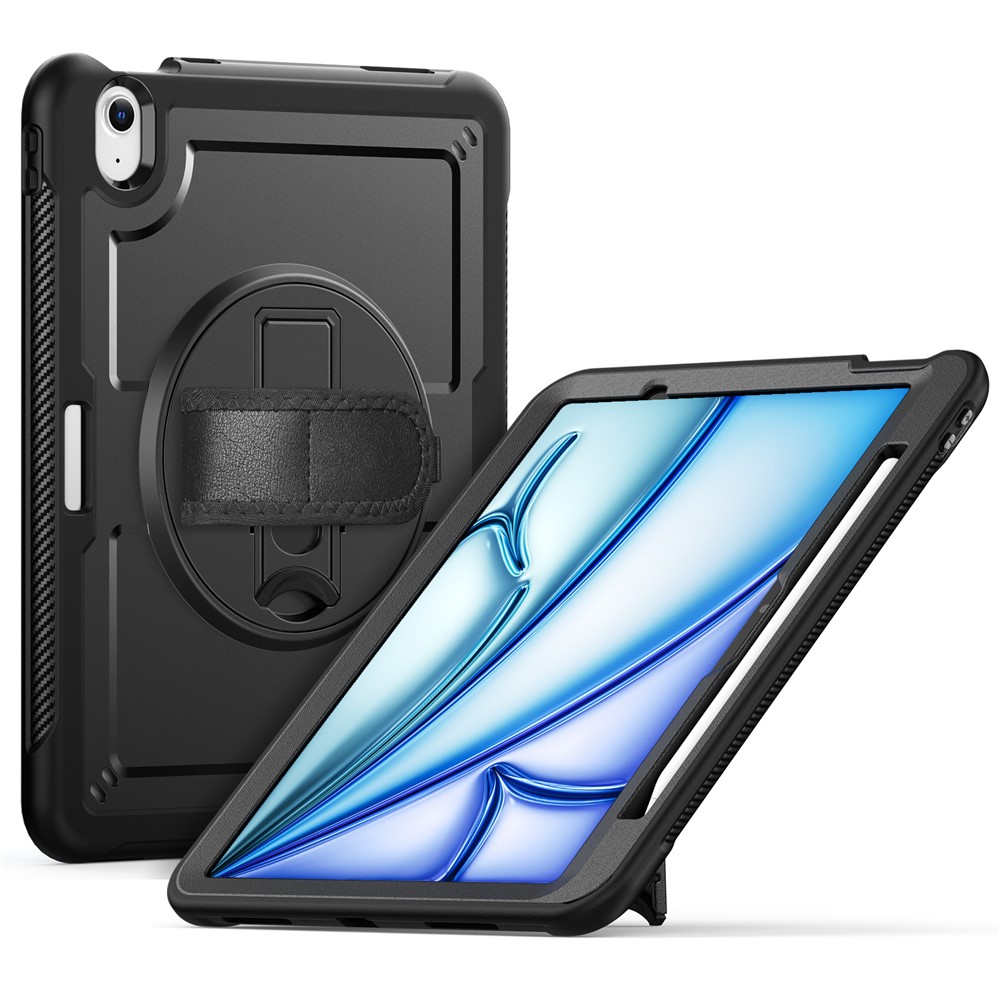 For iPad Air 11 (2025) M3 A3266  /  (2024) M2 A2902 Case Rotating Kickstand PC + TPE Shockproof Tablet Cover with Hand Strap - Black