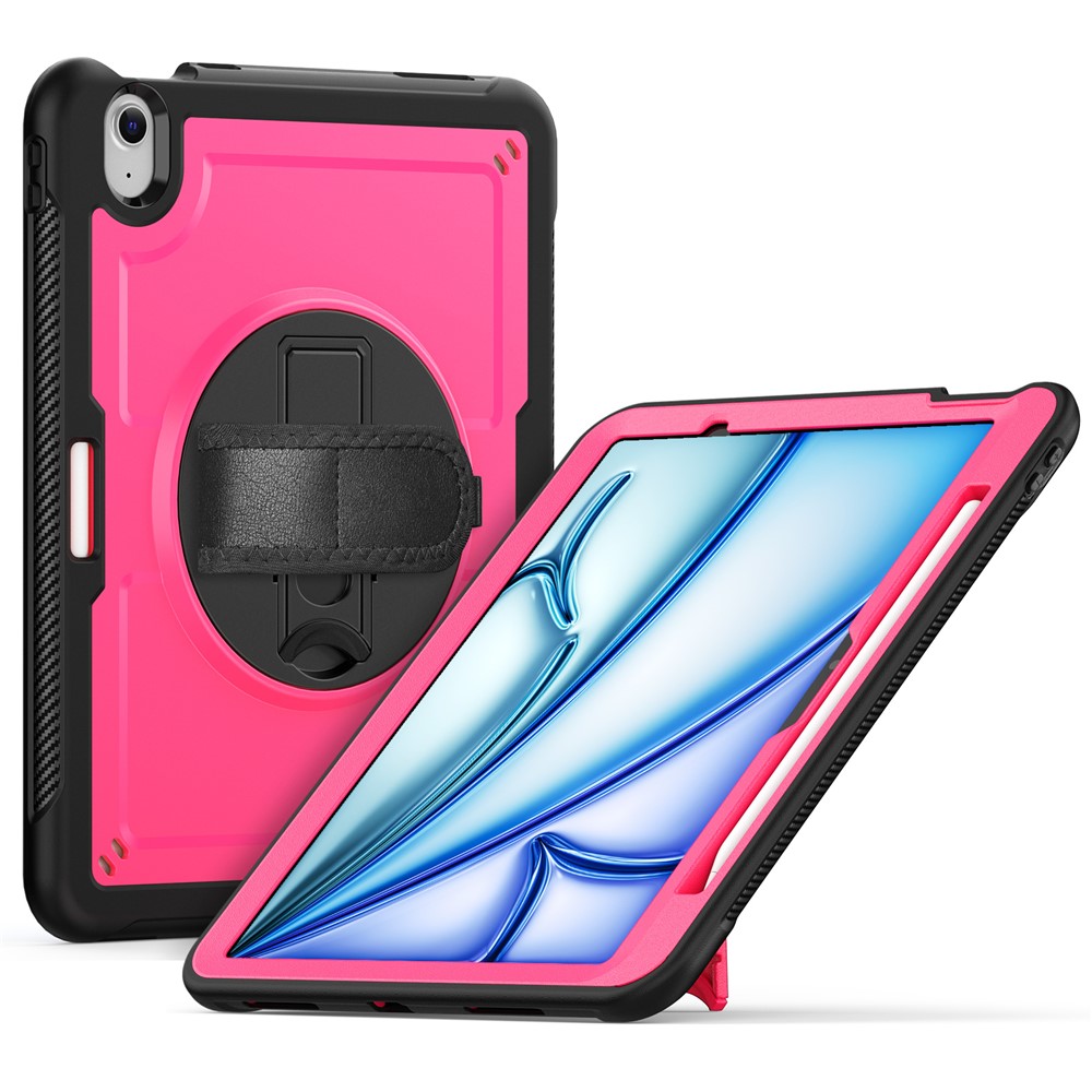 For iPad Air 11 (2025) M3 A3266  /  (2024) M2 A2902 Case Rotating Kickstand PC + TPE Shockproof Tablet Cover with Hand Strap - Rose