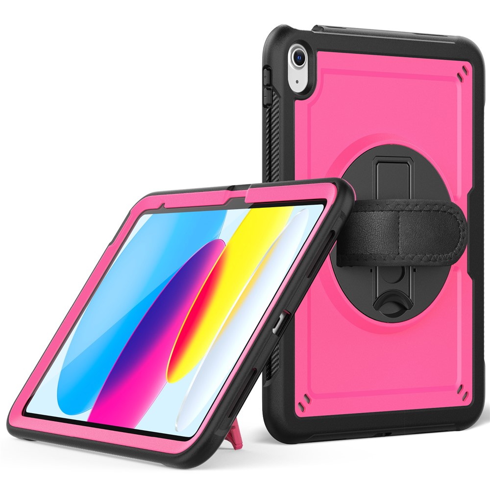For iPad (2025)  /  10.9 (2022) Case Rotating Kickstand PC + TPE Shockproof Tablet Cover with Hand Strap - Rose