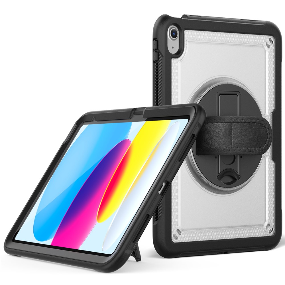 For iPad (2025) / 10.9 (2022) Case Rotating Kickstand PC + TPE Shockproof Tablet Cover with Hand Strap - Transparent