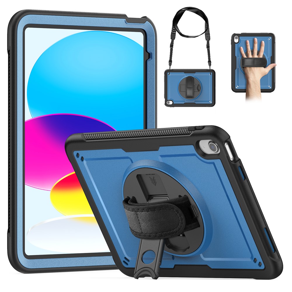 For iPad (2025)  /  10.9 (2022) Case Kickstand PC + TPE Tablet Cover with Hand Strap and Shoulder Strap - Navy Blue