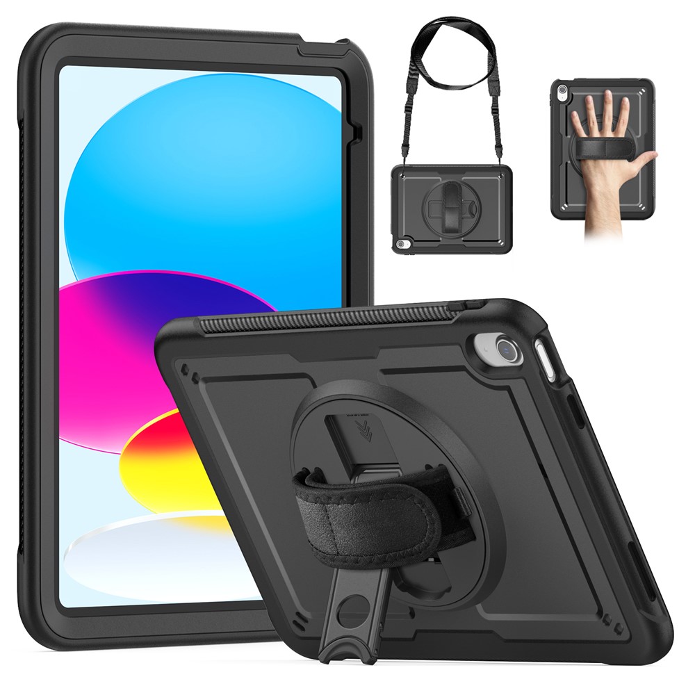 For iPad (2025)  /  10.9 (2022) Case Kickstand PC + TPE Tablet Cover with Hand Strap and Shoulder Strap - Black