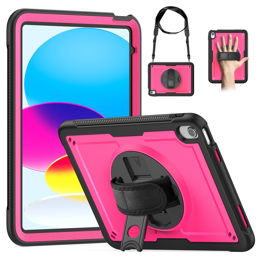 For iPad (2025)  /  10.9 (2022) Case Kickstand PC + TPE Tablet Cover with Hand Strap and Shoulder Strap - Rose