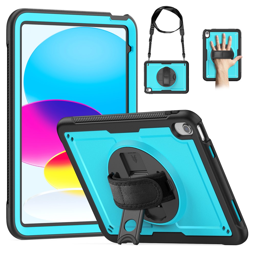 For iPad (2025)  /  10.9 (2022) Case Kickstand PC + TPE Tablet Cover with Hand Strap and Shoulder Strap - Baby Blue