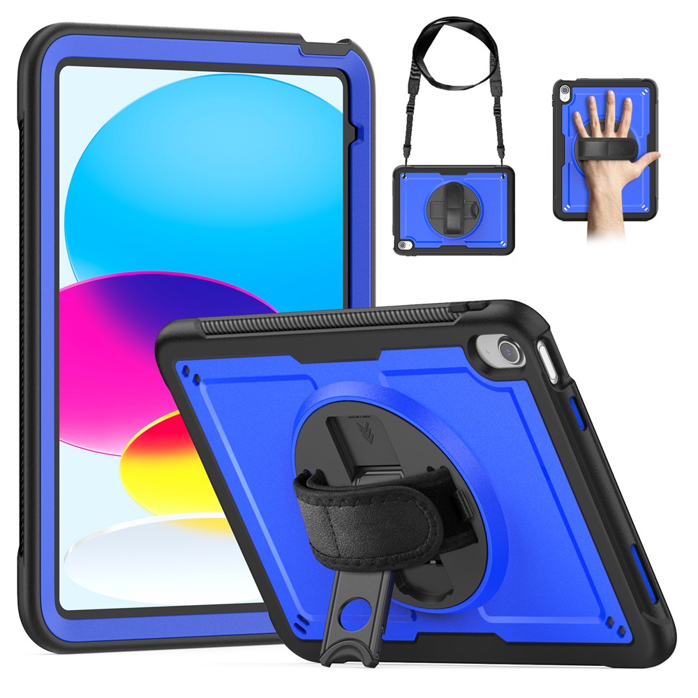 For iPad (2025)  /  10.9 (2022) Case Kickstand PC + TPE Tablet Cover with Hand Strap and Shoulder Strap - Dark Blue