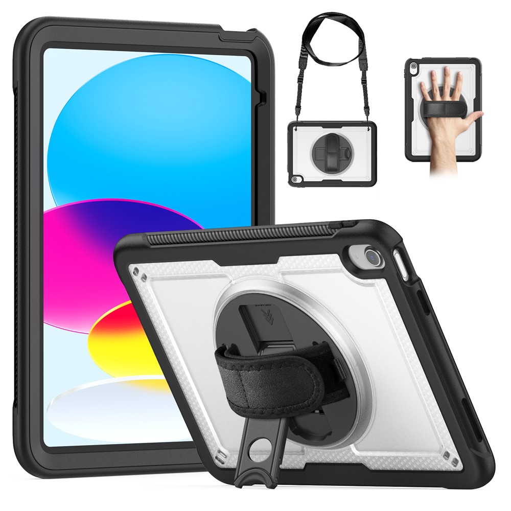 For iPad (2025) / 10.9 (2022) Case Kickstand PC + TPE Tablet Cover with Hand Strap and Shoulder Strap - Transparent