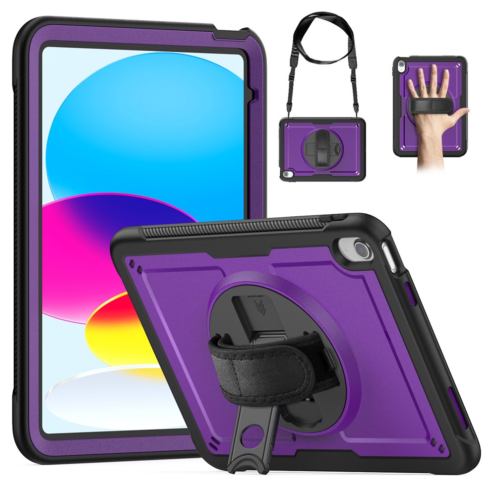 For iPad (2025) / 10.9 (2022) Case Kickstand PC + TPE Tablet Cover with Hand Strap and Shoulder Strap - Purple