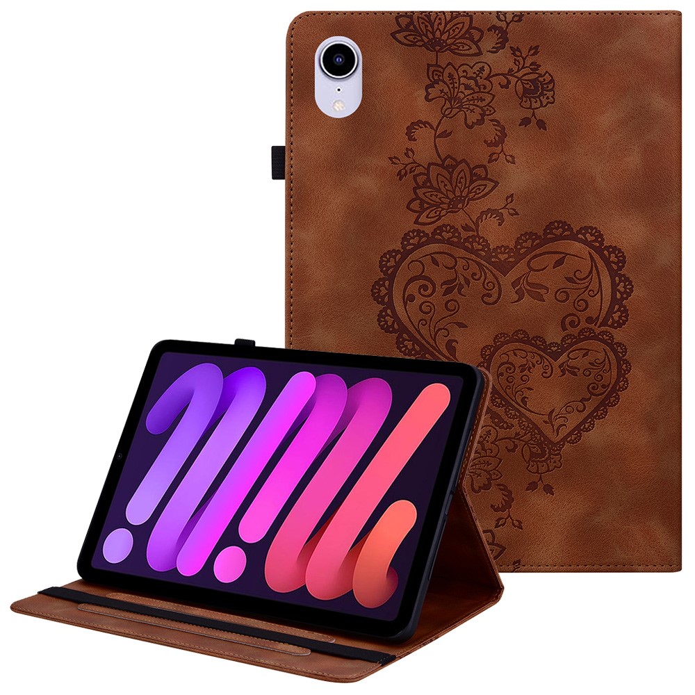 For iPad mini (2024)  /  (2021) Leather Case Heart Imprint Foldable Stand Card Slot Stylus Holder Tablet Cover - Brown