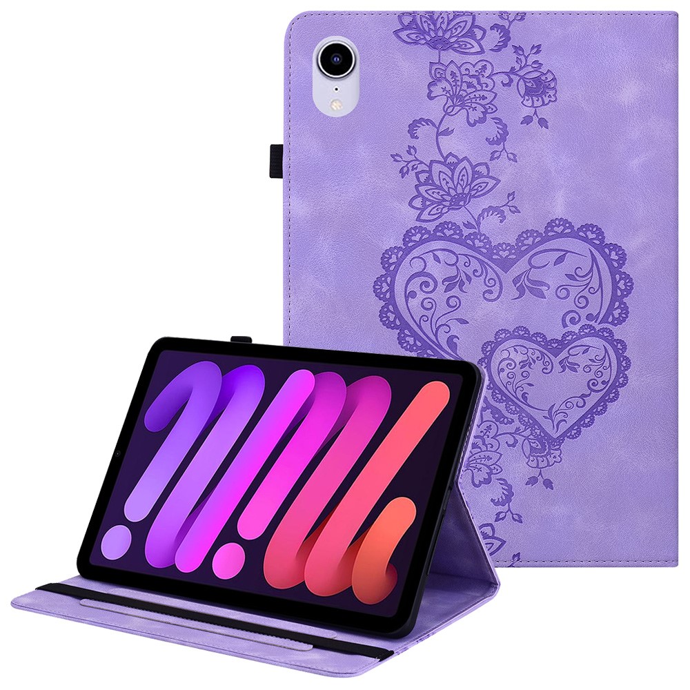 For iPad mini (2024)  /  (2021) Leather Case Heart Imprint Foldable Stand Card Slot Stylus Holder Tablet Cover - Purple