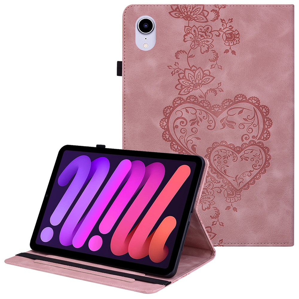 For iPad mini (2024)  /  (2021) Leather Case Heart Imprint Foldable Stand Card Slot Stylus Holder Tablet Cover - Pink