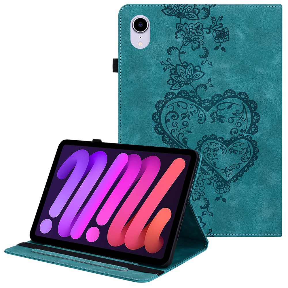 For iPad mini (2024)  /  (2021) Leather Case Heart Imprint Foldable Stand Card Slot Stylus Holder Tablet Cover - Green