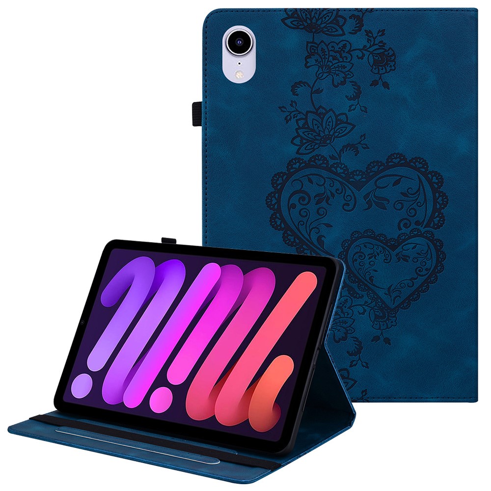 For iPad mini (2024)  /  (2021) Leather Case Heart Imprint Foldable Stand Card Slot Stylus Holder Tablet Cover - Blue