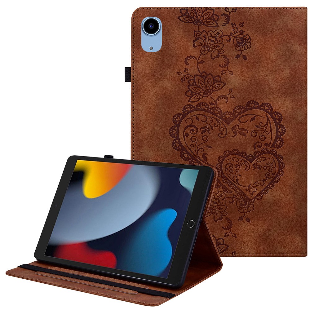 Leather Case For iPad 10.2 (2021)  /  (2020)  /  (2019)  /  Air 10.5 inch (2019) Heart Imprint Foldable Stand Card Slot Stylus Holder Tablet Cover - Brown