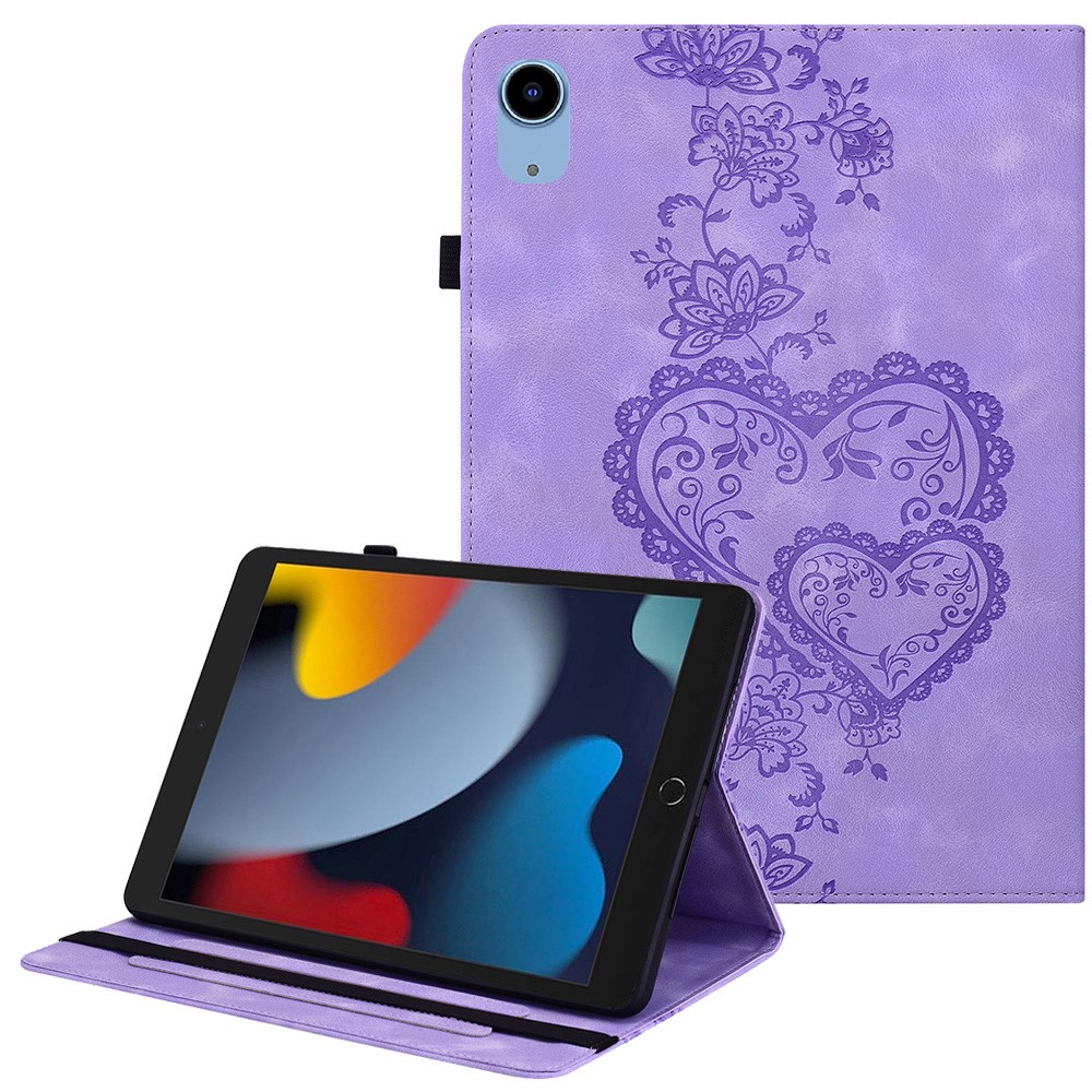 Leather Case For iPad 10.2 (2021)  /  (2020)  /  (2019)  /  Air 10.5 inch (2019) Heart Imprint Foldable Stand Card Slot Stylus Holder Tablet Cover - Purple
