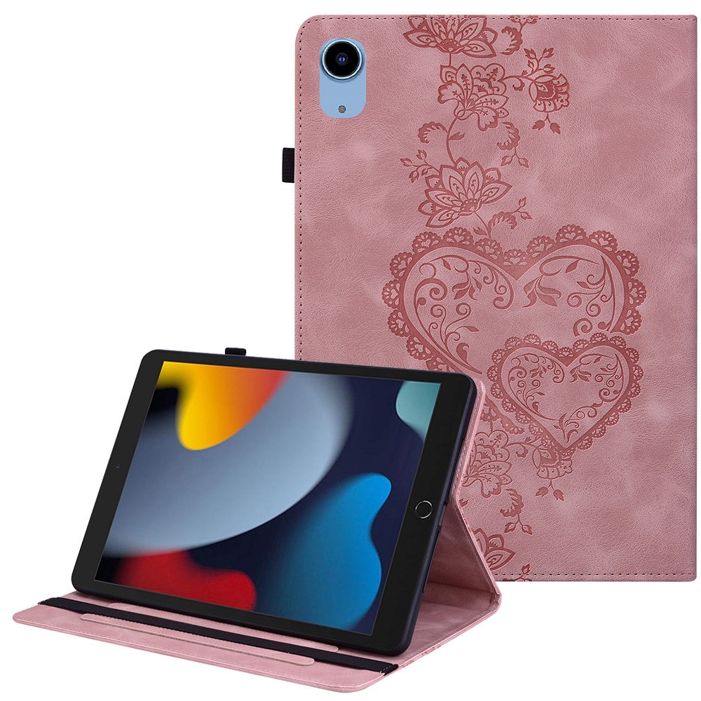 Leather Case For iPad 10.2 (2021)  /  (2020)  /  (2019)  /  Air 10.5 inch (2019) Heart Imprint Foldable Stand Card Slot Stylus Holder Tablet Cover - Pink