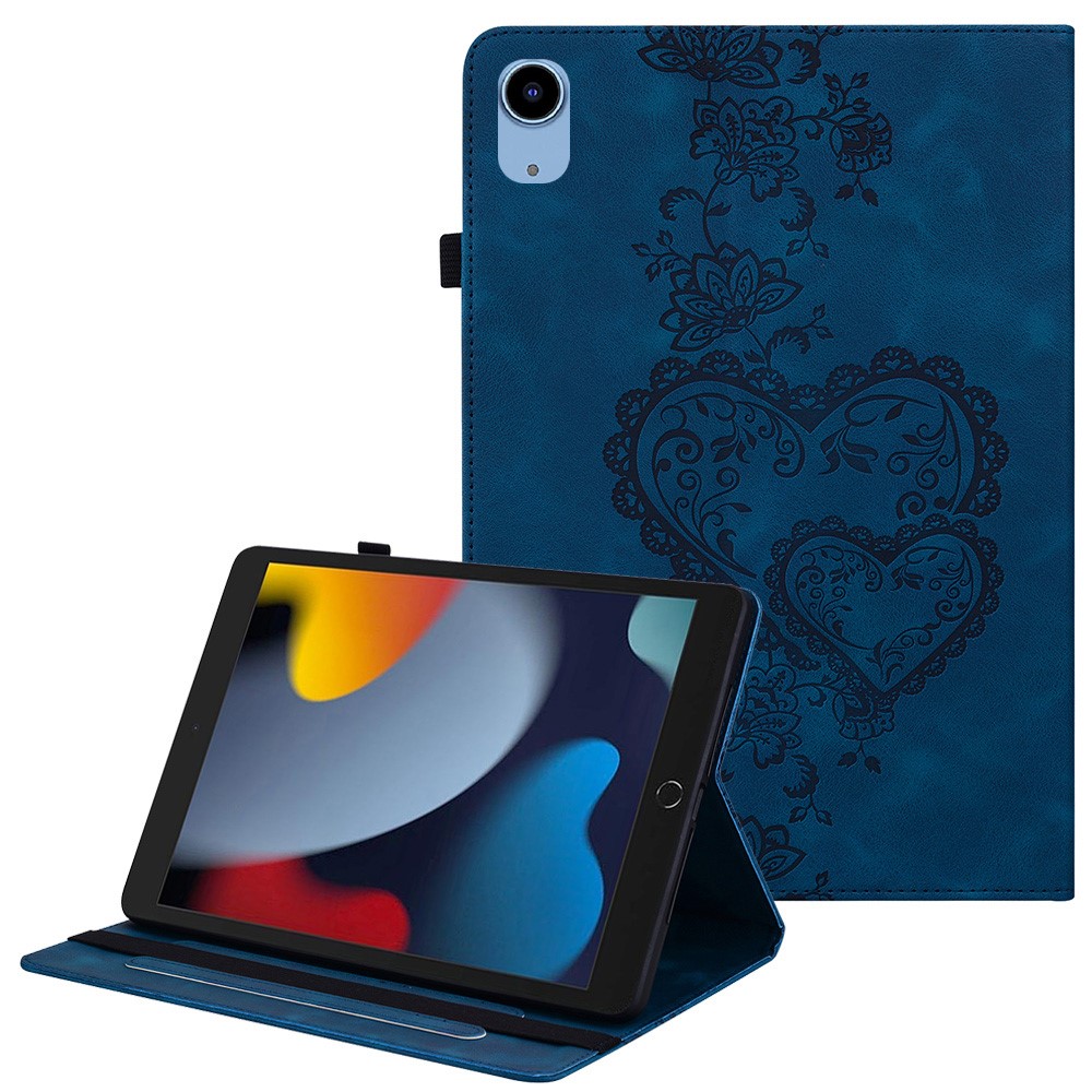 Leather Case For iPad 10.2 (2021)  /  (2020)  /  (2019)  /  Air 10.5 inch (2019) Heart Imprint Foldable Stand Card Slot Stylus Holder Tablet Cover - Blue