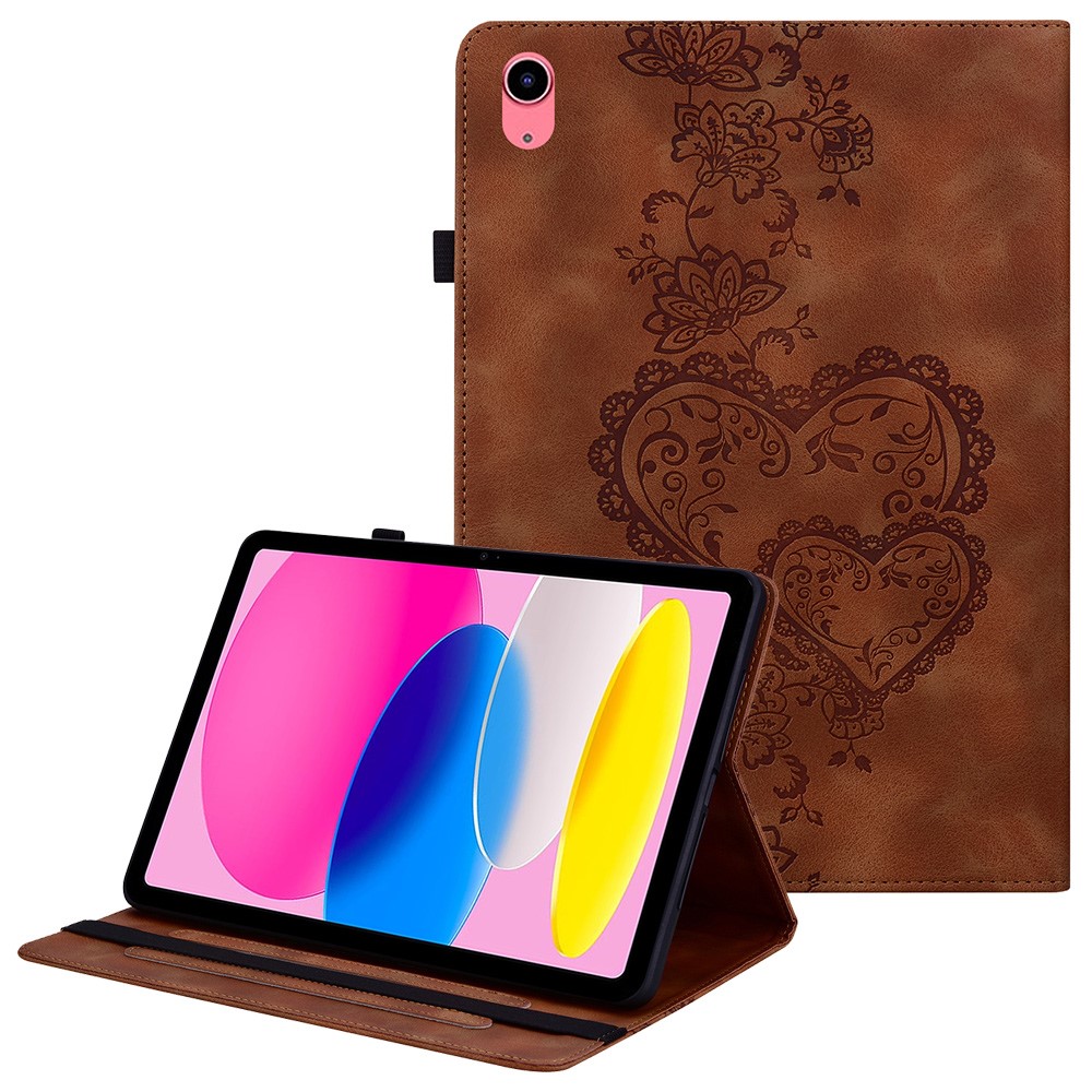 For iPad (2025)  /  10.9 (2022) Leather Case Heart Imprint Foldable Stand Card Slot Stylus Holder Tablet Cover - Brown