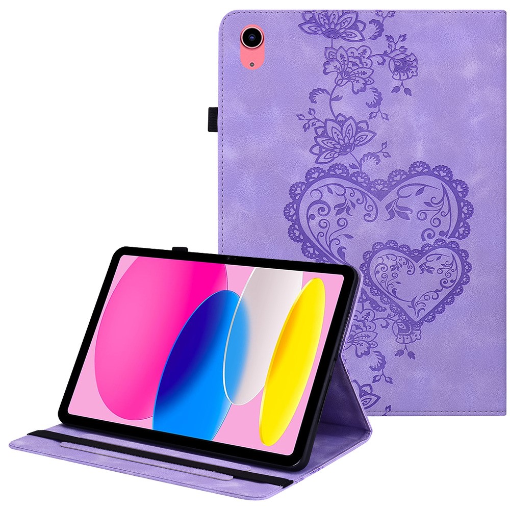 For iPad (2025)  /  10.9 (2022) Leather Case Heart Imprint Foldable Stand Card Slot Stylus Holder Tablet Cover - Purple