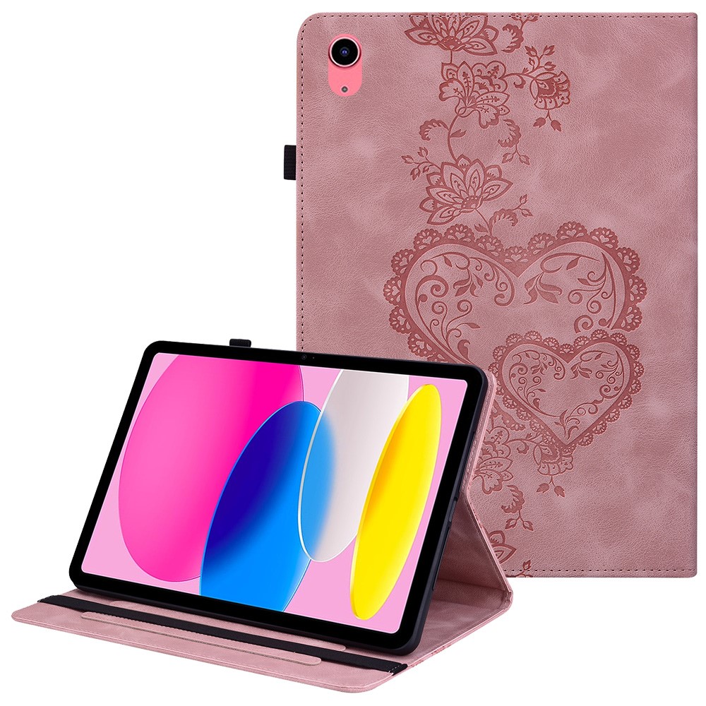 For iPad (2025)  /  10.9 (2022) Leather Case Heart Imprint Foldable Stand Card Slot Stylus Holder Tablet Cover - Pink
