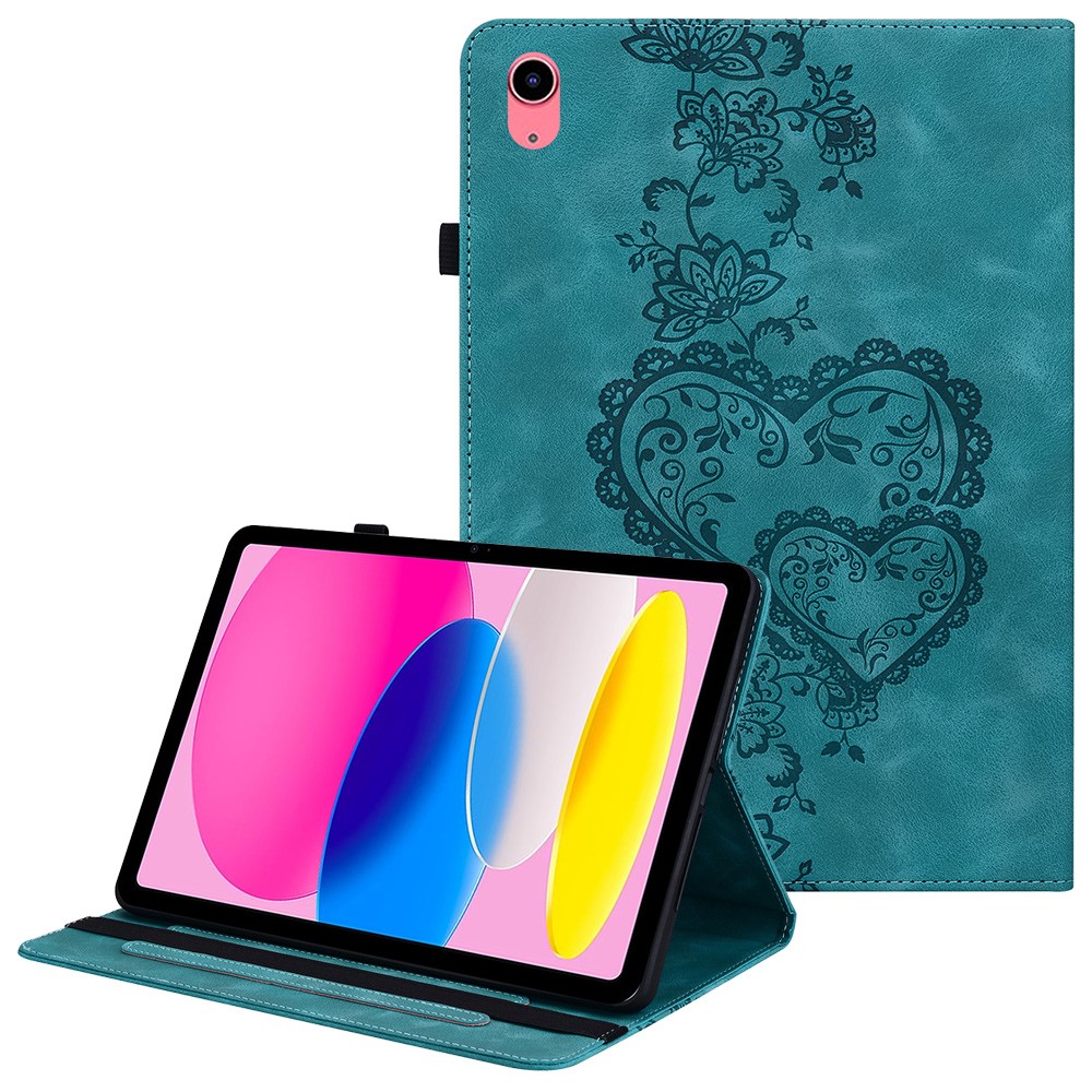 For iPad (2025)  /  10.9 (2022) Leather Case Heart Imprint Foldable Stand Card Slot Stylus Holder Tablet Cover - Green