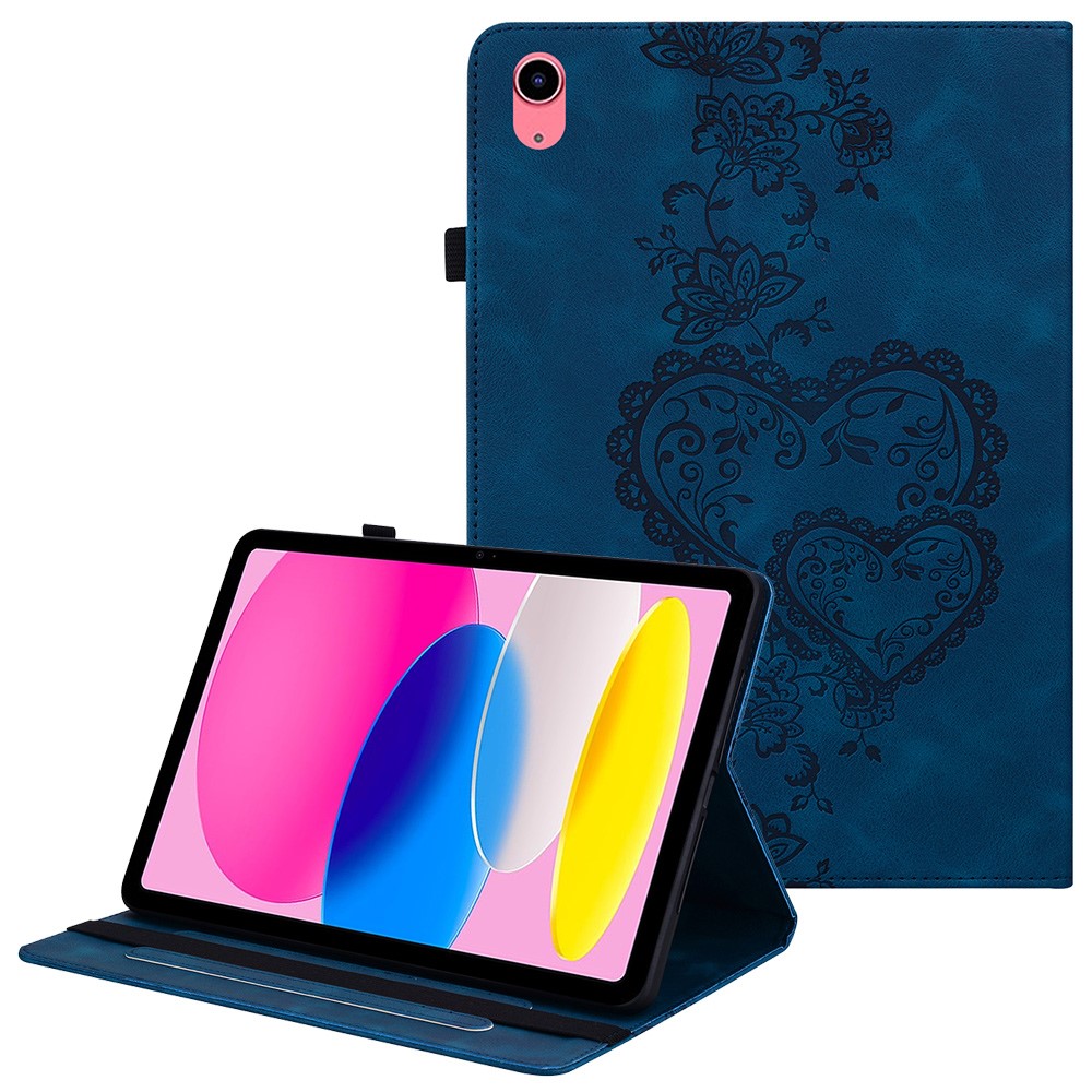 For iPad (2025)  /  10.9 (2022) Leather Case Heart Imprint Foldable Stand Card Slot Stylus Holder Tablet Cover - Blue