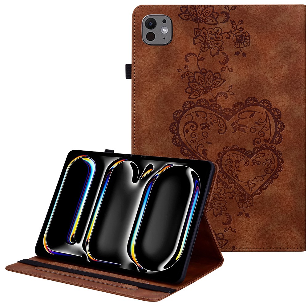 For iPad Pro 11 (2025) / 11 (2024) Leather Case Heart Imprint Foldable Stand Card Slot Stylus Holder Tablet Cover - Brown