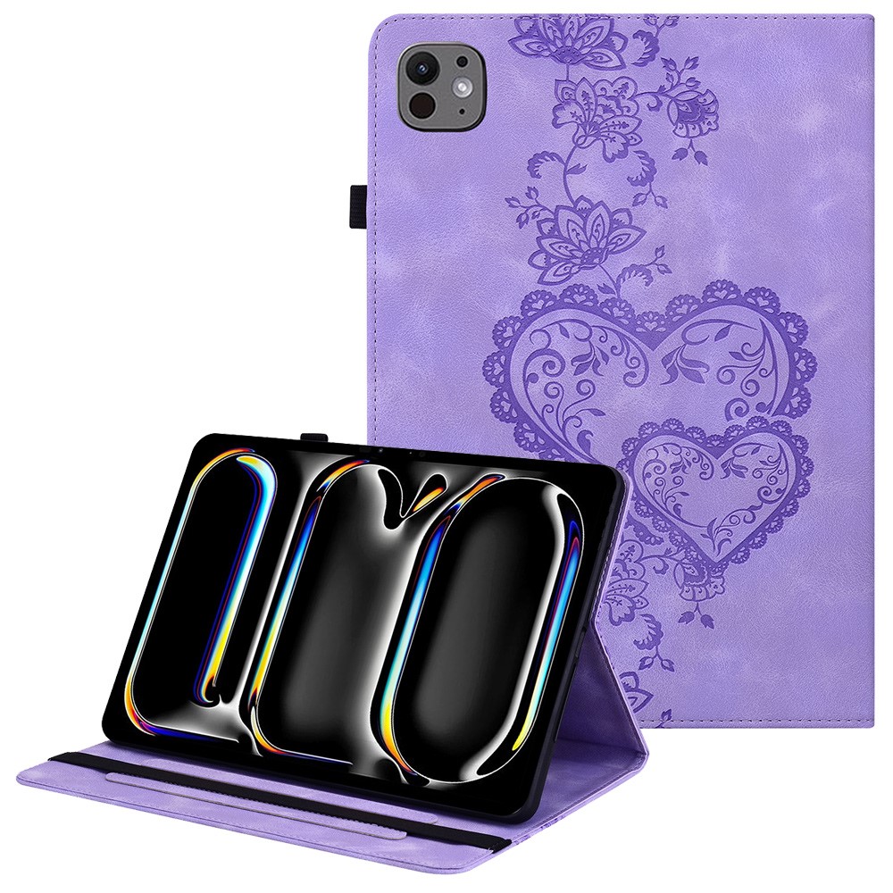 For iPad Pro 11 (2025) / 11 (2024) Leather Case Heart Imprint Foldable Stand Card Slot Stylus Holder Tablet Cover - Purple